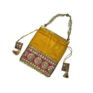 Embroidered Indian Potli Bag Floral Gold Chain Wedding Ethnic Drawstring‎